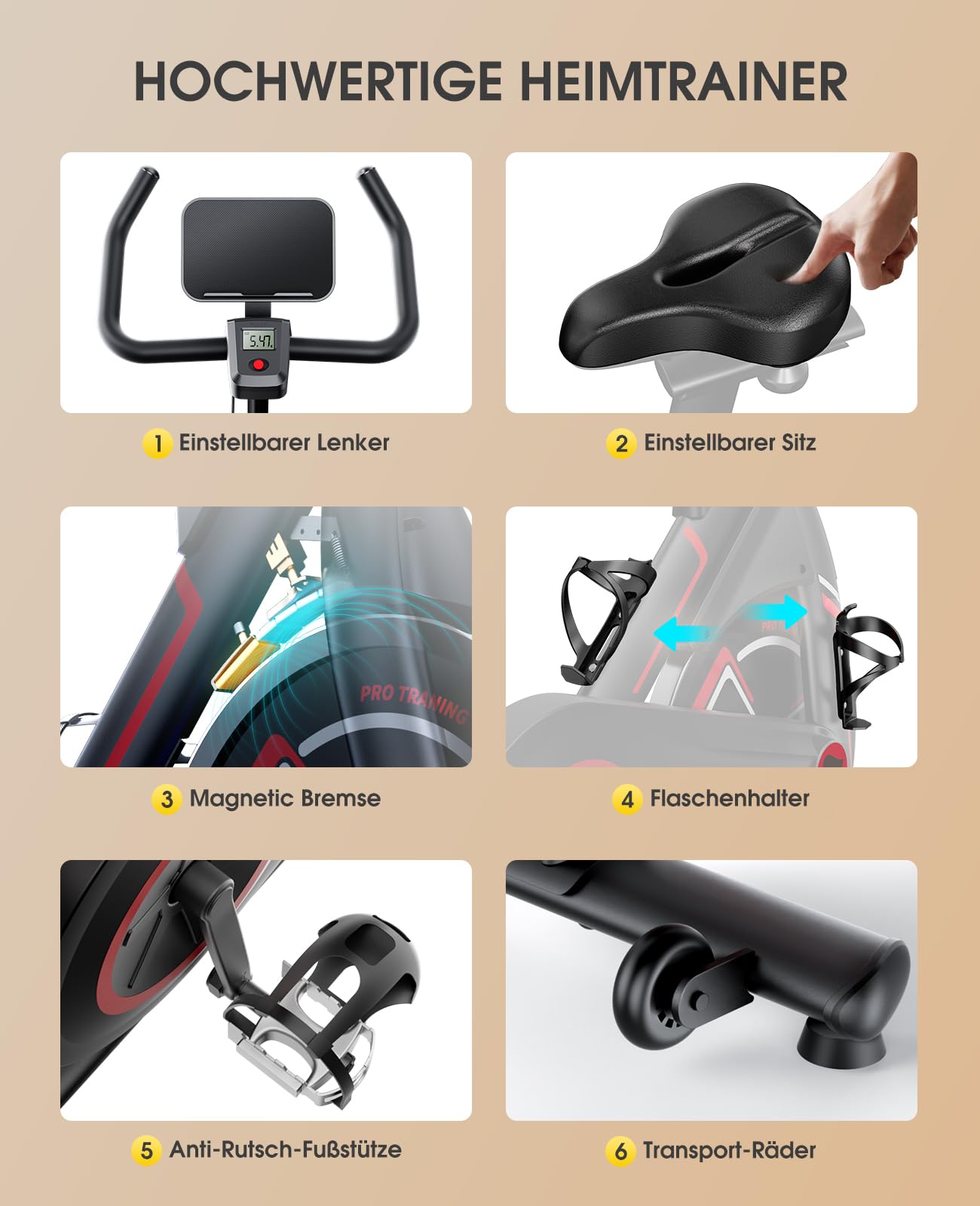 Heimtrainer Fahrrad mit APP, 15 KG Schwungrad, 0-100% Magnetischem, Leiser LCD Heimtrainer bis 150KG, Fitnessbike für zuhause Mit Weicher Sitz, Bis150 KG,Tablet-Halter, Getränkehalter