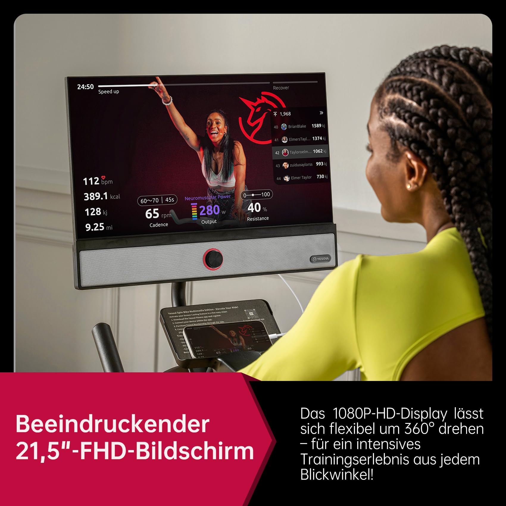 Yesoul G1M Max Heimtrainer Ergometer, Leises Indoor Fitnessbike für Kardio Training mit 21,5" FHD-Bildschirm, Magnetischem Widerstand, 30 W Vierfach-Lautsprecher 360°-Sound & Unbegrenztem Streaming