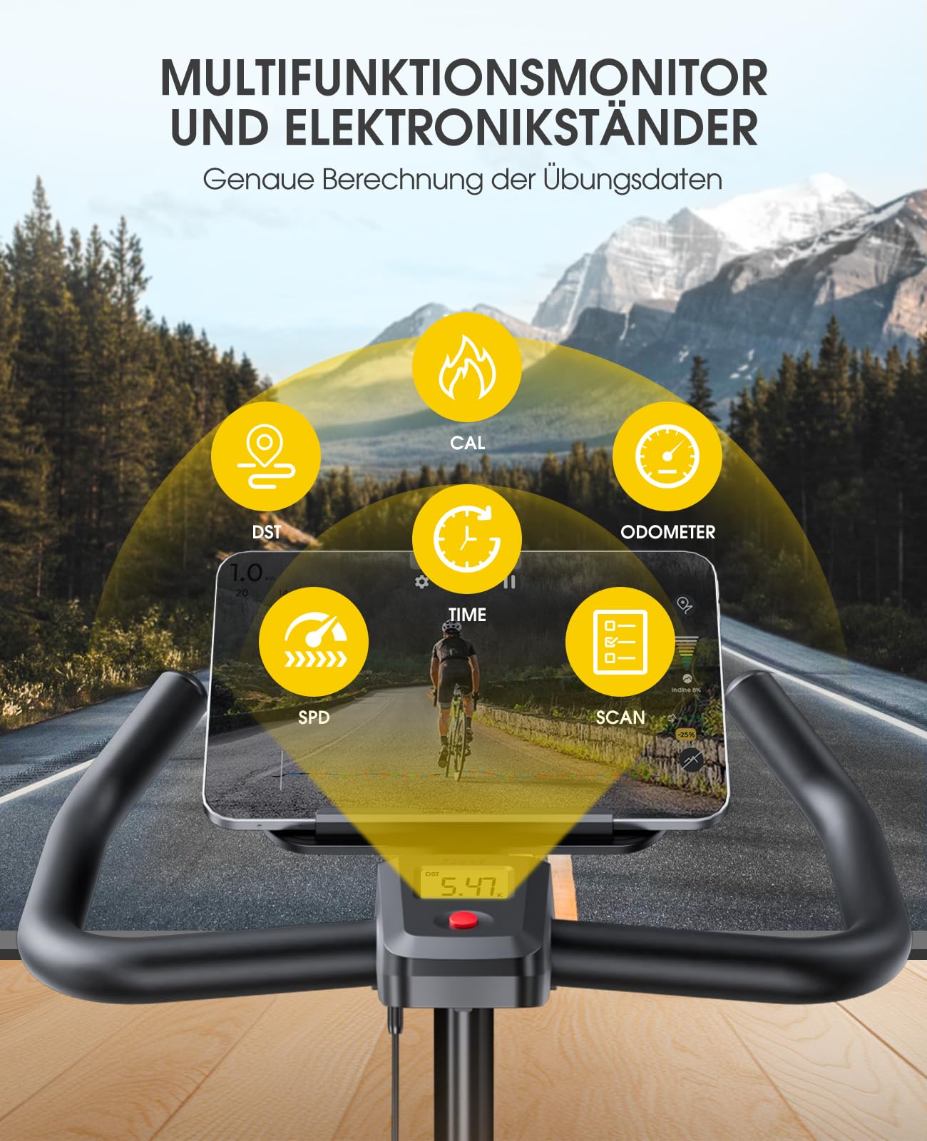 Heimtrainer Fahrrad mit APP, 15 KG Schwungrad, 0-100% Magnetischem, Leiser LCD Heimtrainer bis 150KG, Fitnessbike für zuhause Mit Weicher Sitz, Bis150 KG,Tablet-Halter, Getränkehalter