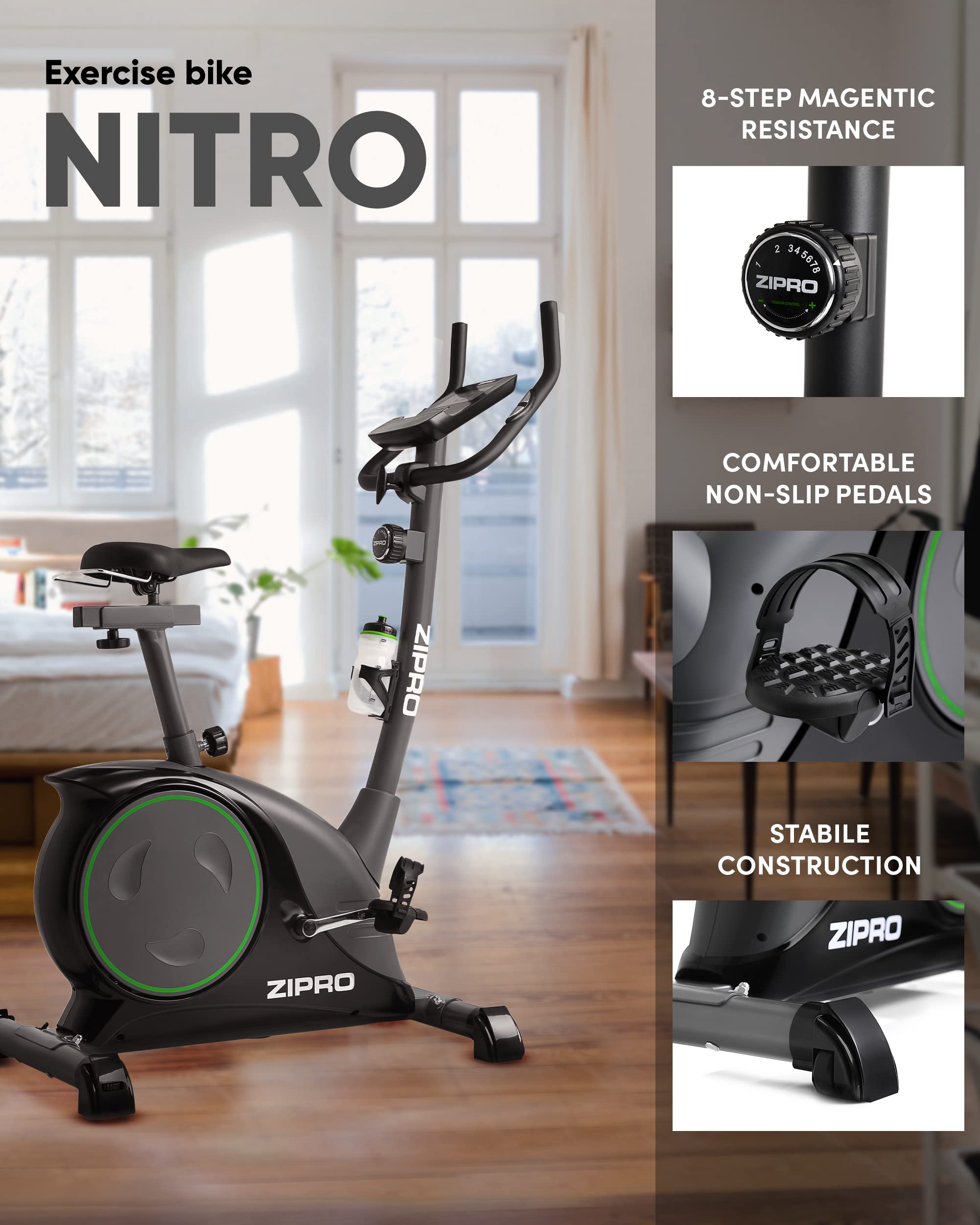 Zipro Heimtrainer Fahrrad Nitro, Ergometer Fitnessbikes, Magnetisches Fahrradtrainer, Ergometer Fahrrad bis 150kg, Indoor Bike, Trainingsfahrrad für zuhause, Fahrradergometer Batteriebetrieben