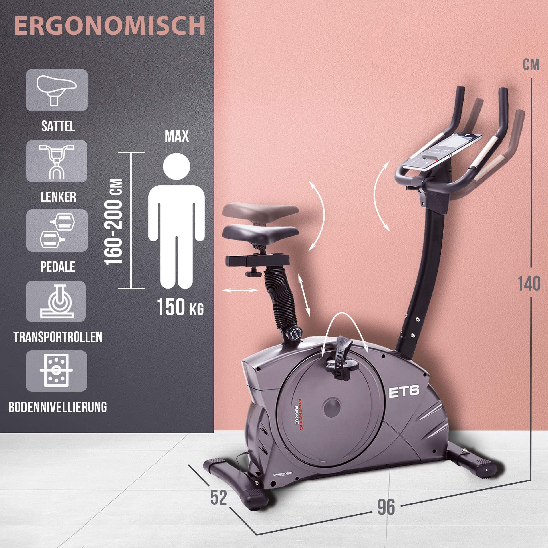 Christopeit Sport Ergometer Heimtrainer ET 6 new 24-Stufig, bis 150kg Gewicht, 12kg Magnet-Bremssystem, LCD-Display