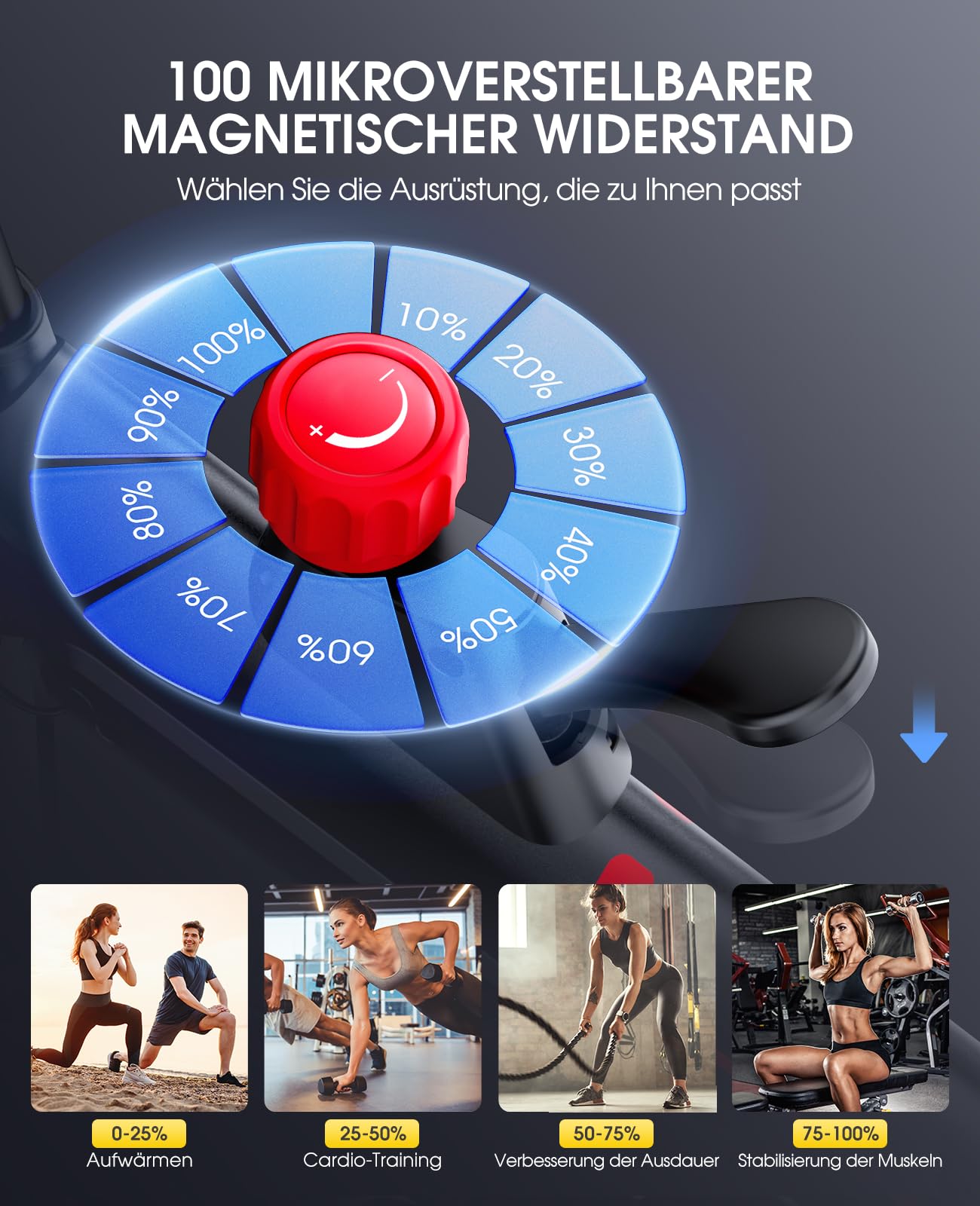 Heimtrainer Fahrrad mit APP, 15 KG Schwungrad, 0-100% Magnetischem, Leiser LCD Heimtrainer bis 150KG, Fitnessbike für zuhause Mit Weicher Sitz, Bis150 KG,Tablet-Halter, Getränkehalter