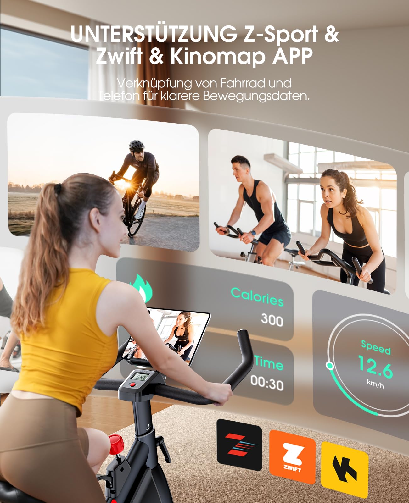Heimtrainer Fahrrad mit APP, 15 KG Schwungrad, 0-100% Magnetischem, Leiser LCD Heimtrainer bis 150KG, Fitnessbike für zuhause Mit Weicher Sitz, Bis150 KG,Tablet-Halter, Getränkehalter