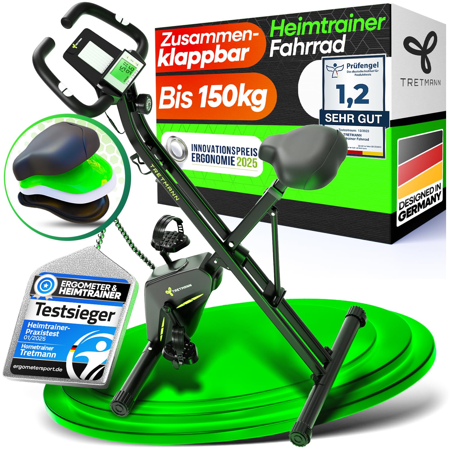 Neu Tretmann Hometrainer fahrrad Klappbar Set-extra bequem & leise- [RelaxFoam] bis 150KG Belastbar Ergometer fahrrad, Heimtrainer fahrrad, Ergometer Heimtrainer Senioren, Fitnessbikes, home trainer